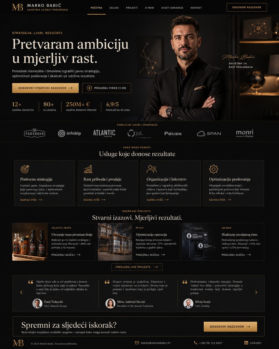 Pregled websitea Marka Babića za savjetovanje o rastu poslovanja s tamnim hero dijelom i rezultatima.