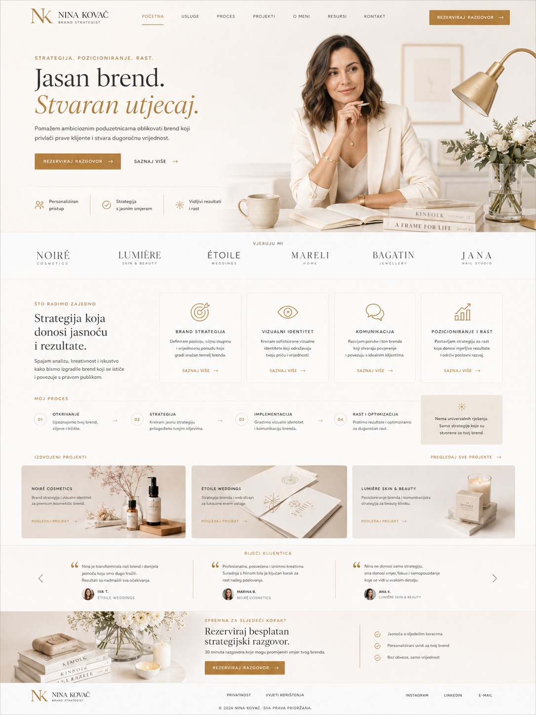Pregled websitea Lane Radić za brand strategiju sa svijetlim editorial hero dijelom i izdvojenim projektima.